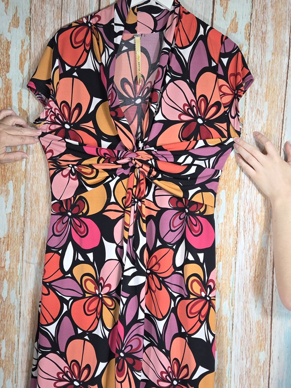 Anthropologie X Uncle Frank Pink, Orange & Black Floral Knot-Front Midi Dress.
